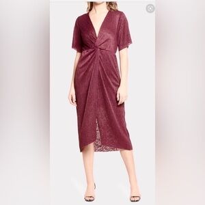 All In Favor Burgundy Pleated Midi Dress Medium Twist Front Wrap Party Wedding